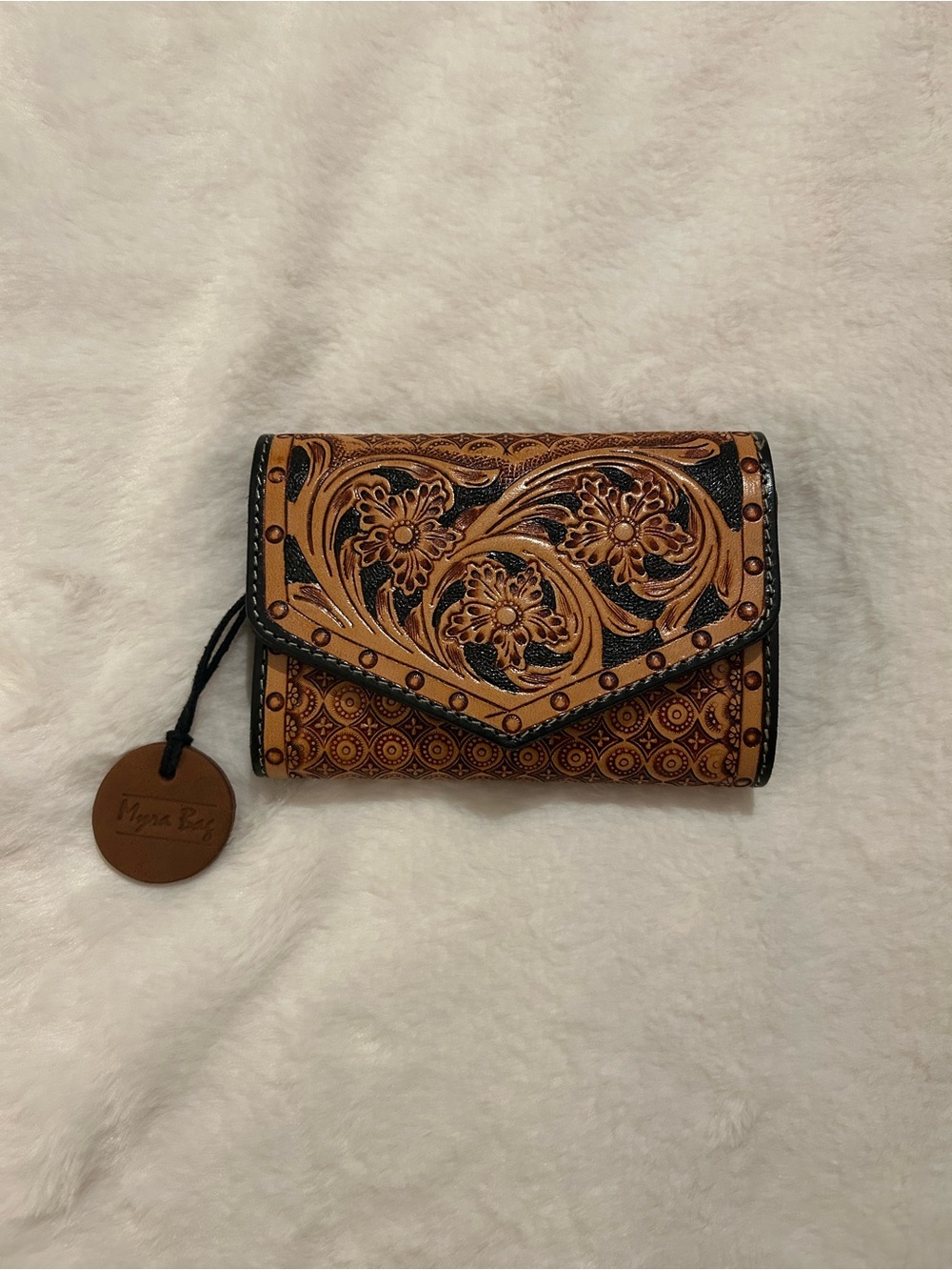 Hand-Tooled Floral Leather Wallet in Tan and Black - Myra Bag